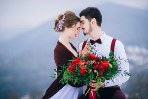 Groom,In,A,Brown,And,Bride,In,Burgundy,In,The dayton wedding expo bride and groom