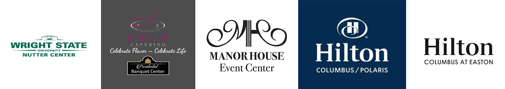 OWS-Venue-Sponsors-2023 Ohio Wedding Shows corporate venue sponsors. Wright State, Kohler Catering, Manor House, Hilton Columbus, Hilton Columbus Easton